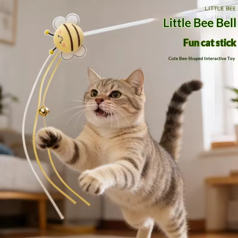 Round and Plump Little Bee Cat Teaser Wand Interactive Indoor Use Plush Toy Pet Supplies Factory Wholesale